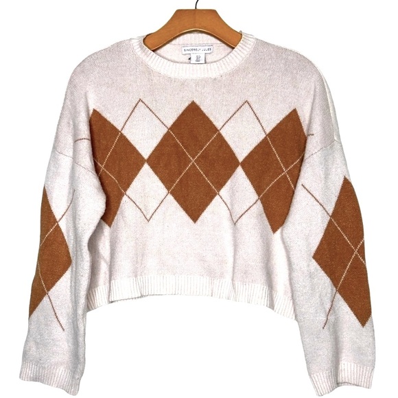 Sincerly Jules Sweaters - Sincerely Jules Argyle Crop Sweater Beige Academia Preppy Collegiate Rugby Small